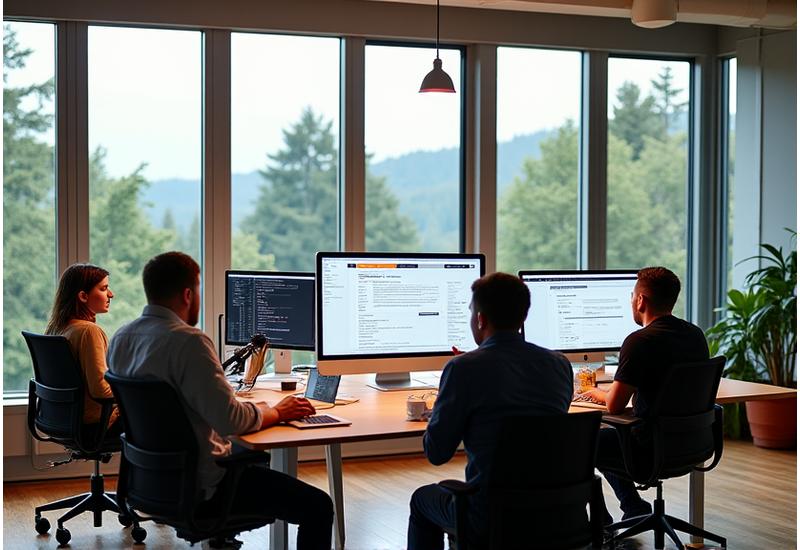 Lumina Weave team collaborating in a modern, light-filled Portland studio with digital design sketches on large screens.