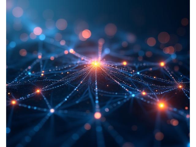 Abstract visualization of a neural network or machine learning algorithms, with data flowing through connections.