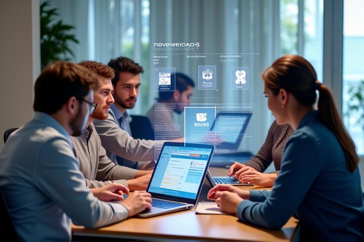 A diverse team of professionals collaboratively working on laptops and tablets, with a digital overlay showing instructional content and support chat interfaces, conveying learning and assistance.