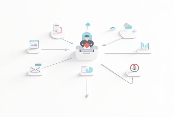Visual representation of interconnected digital platforms and services, with lines of data flowing between icons representing CRM, payment gateways, marketing automation, and analytics tools, all centered around a website icon.