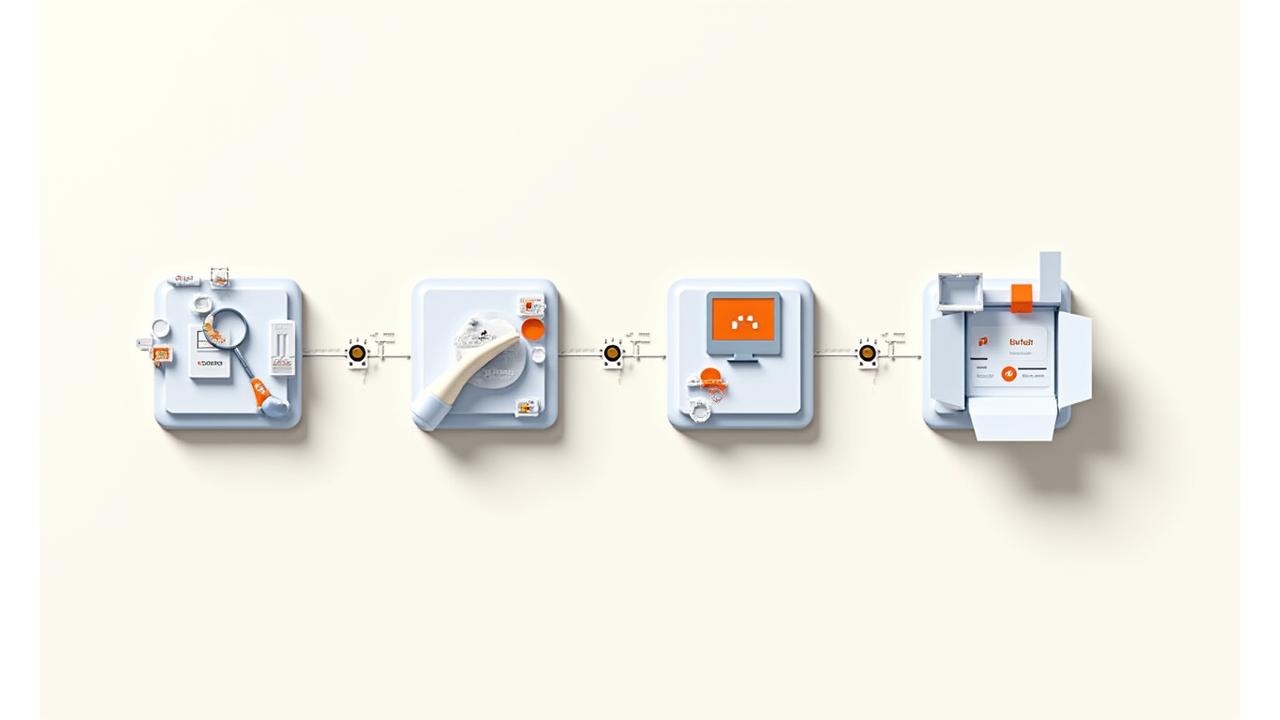 Visual representation of the logo design process with arrows connecting research, sketching, digital refinement, and final delivery stages.