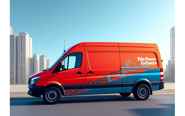 Mockup of a commercial delivery van with a striking new brand logo and corporate colors wrapped around it.