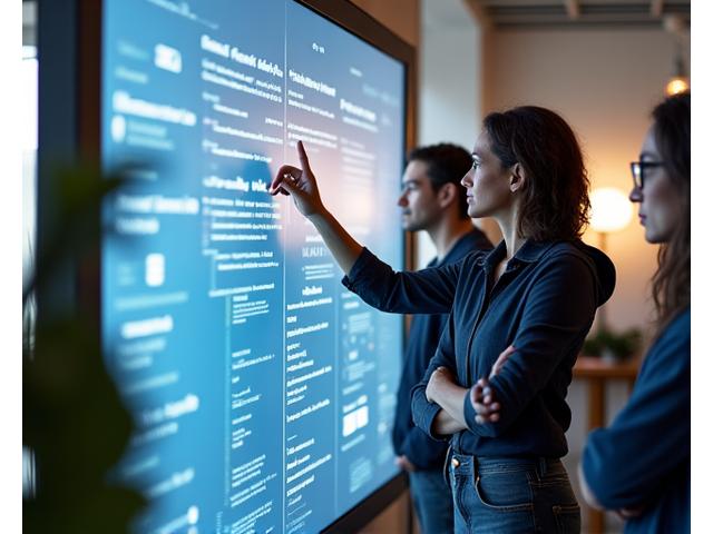 Diverse team collaborating in a modern, open-plan office space, looking at digital designs on a large screen.
