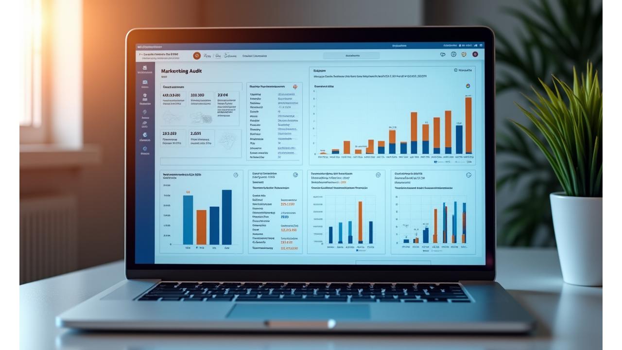 A laptop screen showing a comprehensive digital marketing audit report with key performance indicators highlighted.