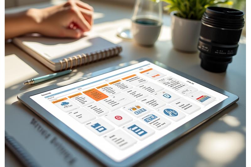 A content marketing calendar and social media icons arranged creatively on a desk.