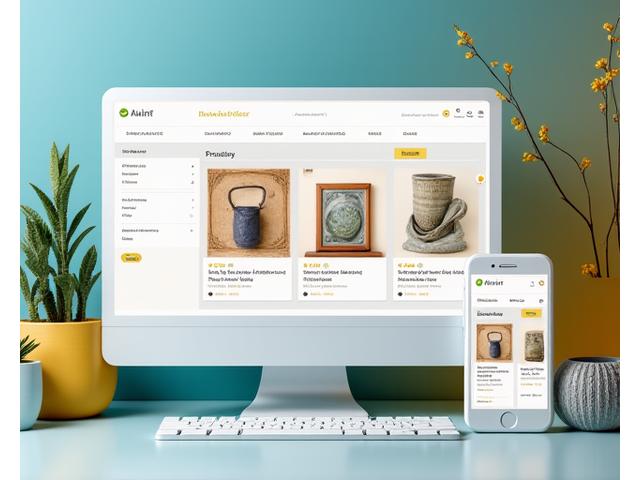 Digital mockup of a vibrant online store displaying handcrafted jewelry and unique art, optimized for mobile and desktop views.
