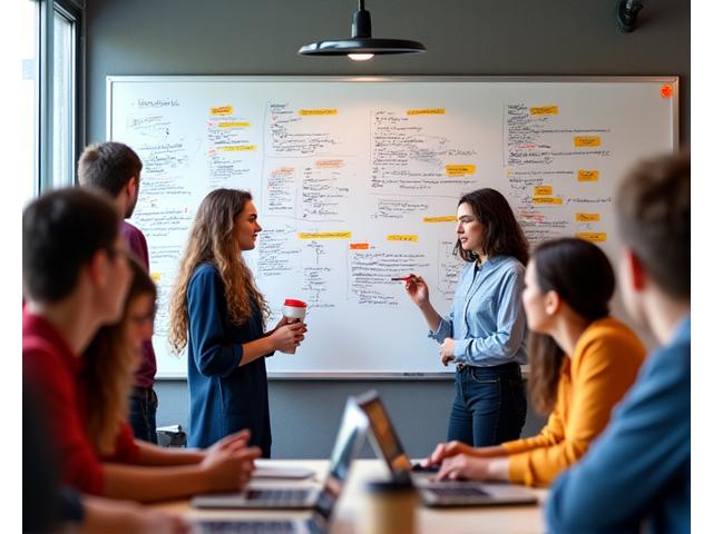 Startup team sketching ideas on a whiteboard in a vibrant, modern coworking space
