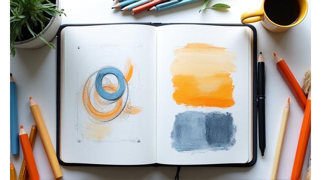 Sketchbook with branding elements like logos and color palettes