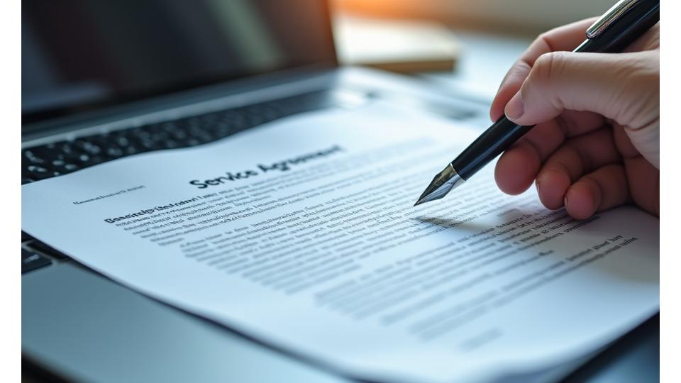 Close-up of a web development contract with a pen, signing a clear service agreement