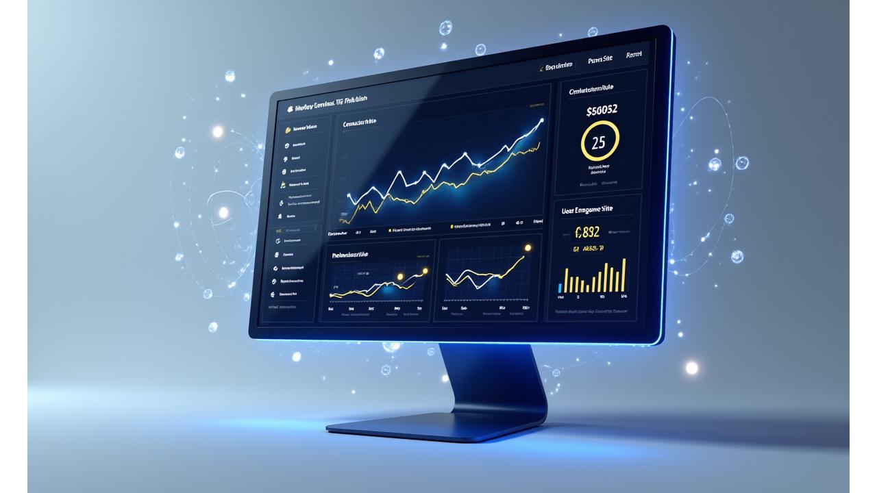 Animated dashboard showing UI/UX metrics and prototype on a screen